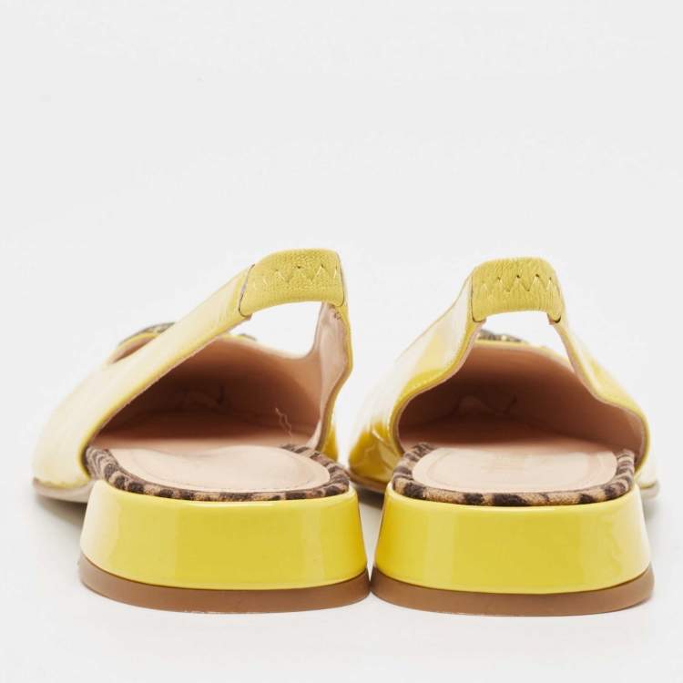 Pre Owned Roberto Cavalli Yellow Patent Leather Snake RC Logo Slingback Ballet Flats Size 39