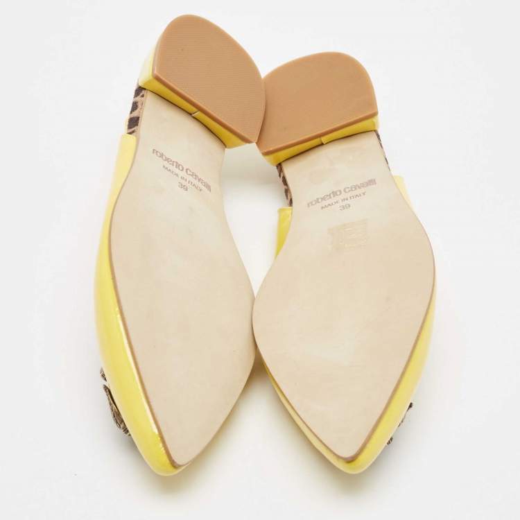 Pre Owned Roberto Cavalli Yellow Patent Leather Snake RC Logo Slingback Ballet Flats Size 39