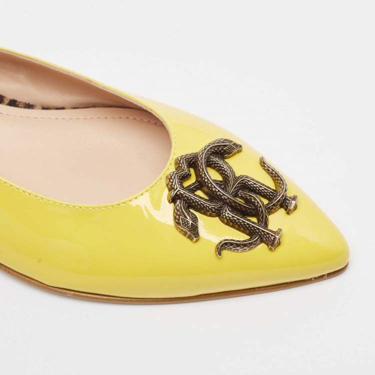 Pre Owned Roberto Cavalli Yellow Patent Leather Snake RC Logo Slingback Ballet Flats Size 39