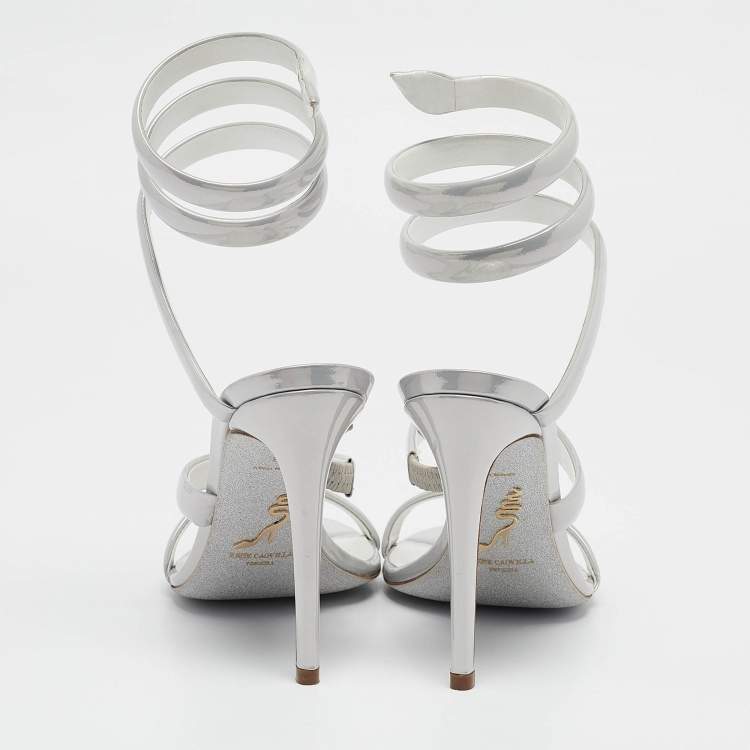 Pre Owned Rene Caovilla Grey Patent Leather Cleo Ankle Strap Sandals Size 38
