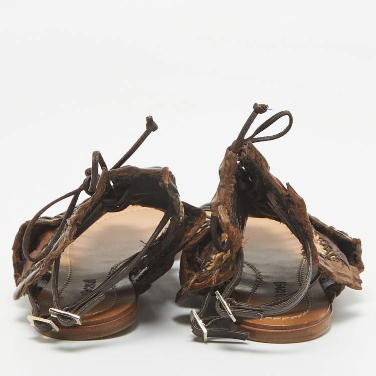 Pre Owned Roberto Cavalli Brown Crocodile and Python Leather Lace Up  Sandals Size 36