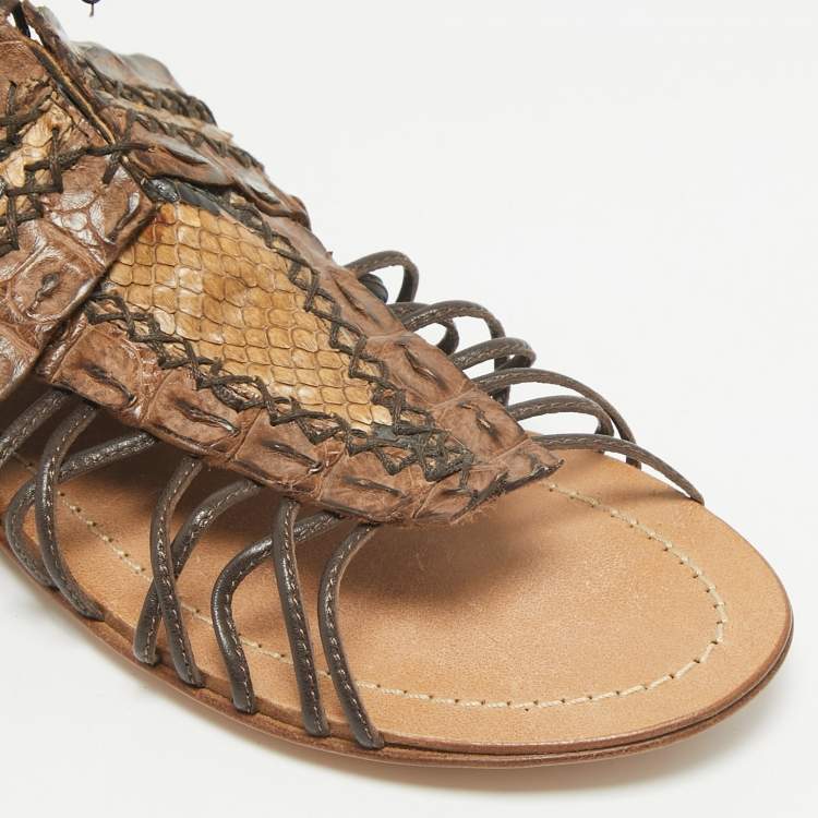 Pre Owned Roberto Cavalli Brown Crocodile and Python Leather Lace Up  Sandals Size 36