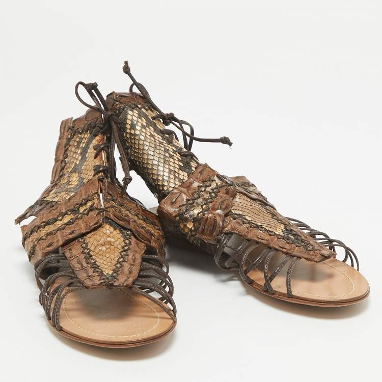 Pre Owned Roberto Cavalli Brown Crocodile and Python Leather Lace Up  Sandals Size 36