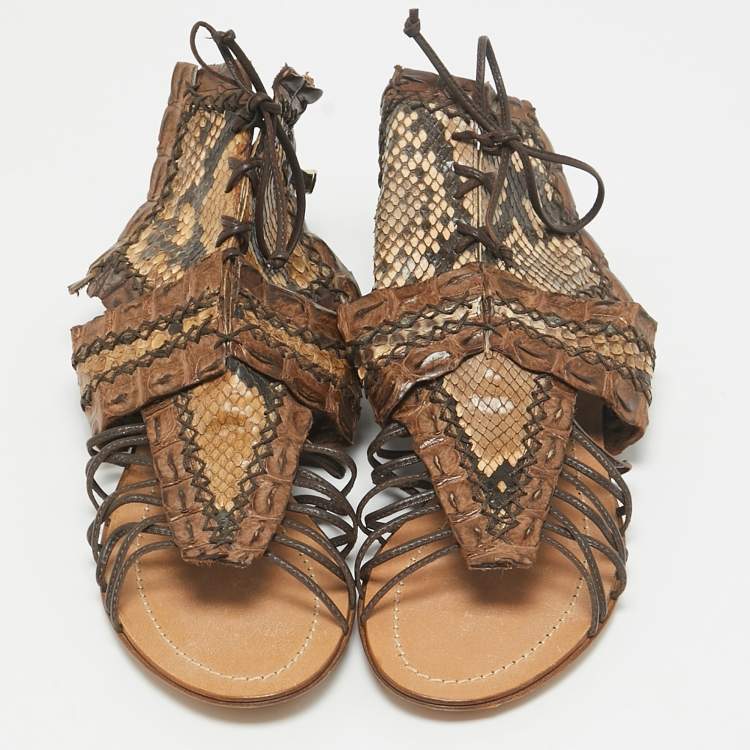 Pre Owned Roberto Cavalli Brown Crocodile and Python Leather Lace Up  Sandals Size 36
