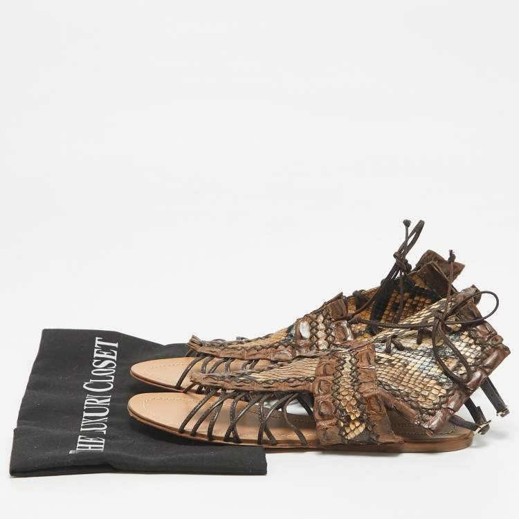 Pre Owned Roberto Cavalli Brown Crocodile and Python Leather Lace Up  Sandals Size 36