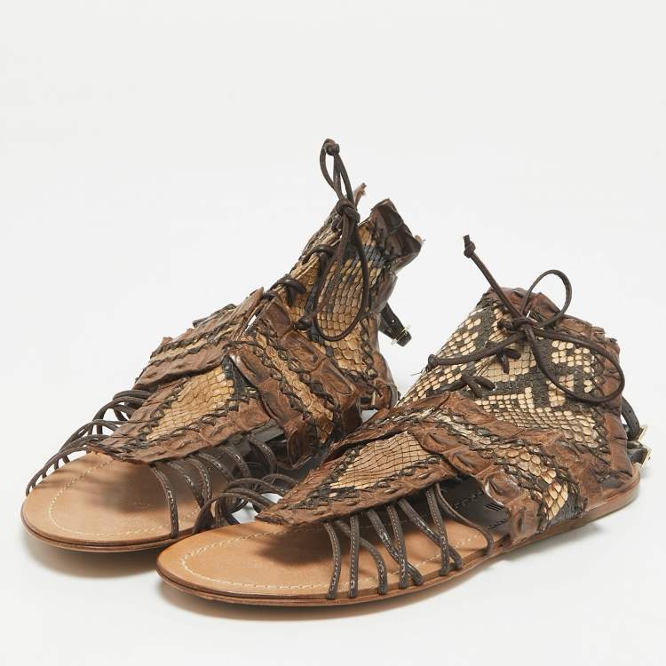 Pre Owned Roberto Cavalli Brown Crocodile and Python Leather Lace Up  Sandals Size 36