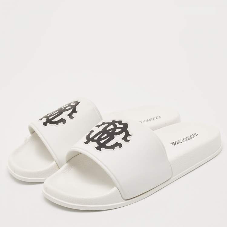 Pre Owned Roberto Cavalli White Rubber RC Logo Slide Flats Size 42