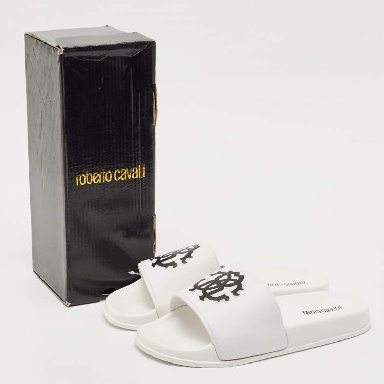 Pre Owned Roberto Cavalli White Rubber RC Logo Slide Flats Size 42