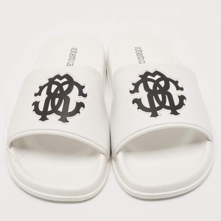 Pre Owned Roberto Cavalli White Rubber RC Logo Slide Flats Size 42