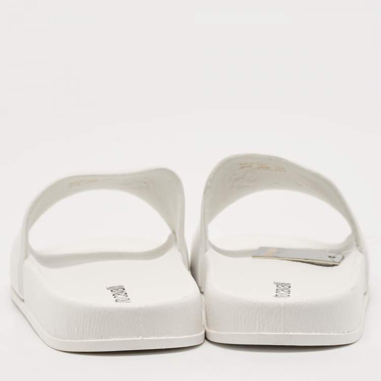 Pre Owned Roberto Cavalli White Rubber RC Logo Slide Flats Size 42