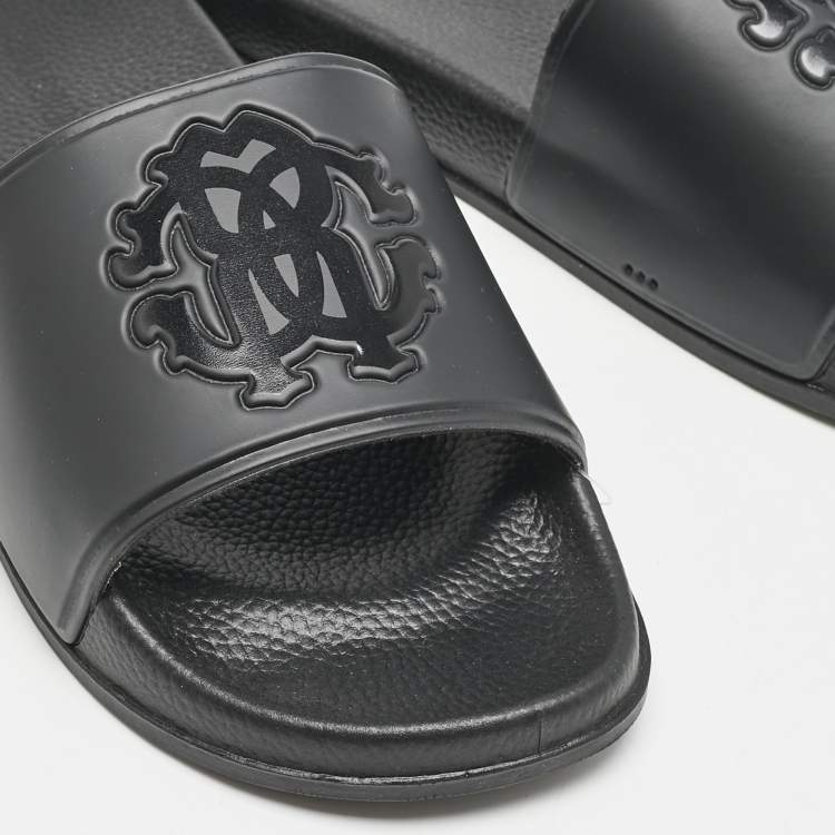 Pre Owned Roberto Cavalli Black Rubber Logo Flat Slides Size 39