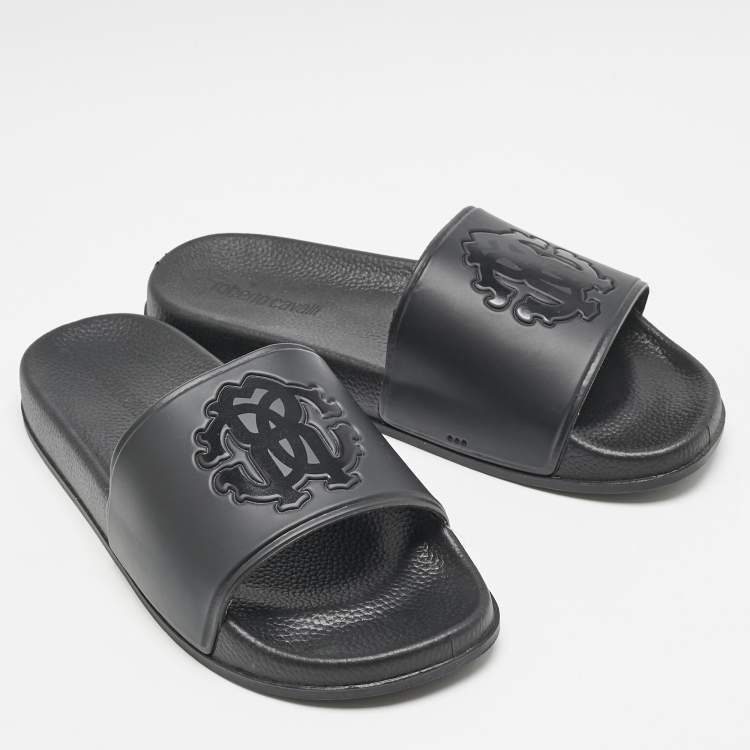 Pre Owned Roberto Cavalli Black Rubber Logo Flat Slides Size 39