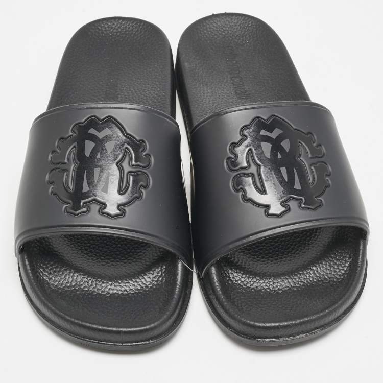 Pre Owned Roberto Cavalli Black Rubber Logo Flat Slides Size 39