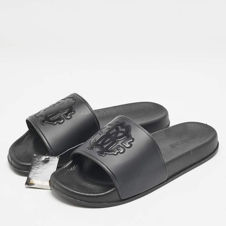 Pre Owned Roberto Cavalli Black Rubber Logo Flat Slides Size 39