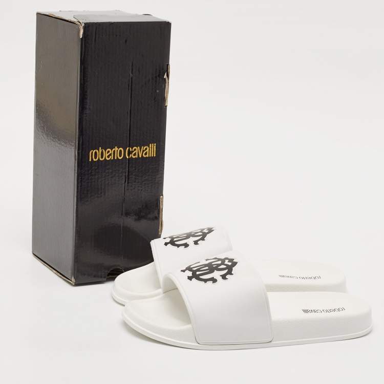 Pre Owned Roberto Cavalli White Rubber RC Logo Pool Slides Size 42