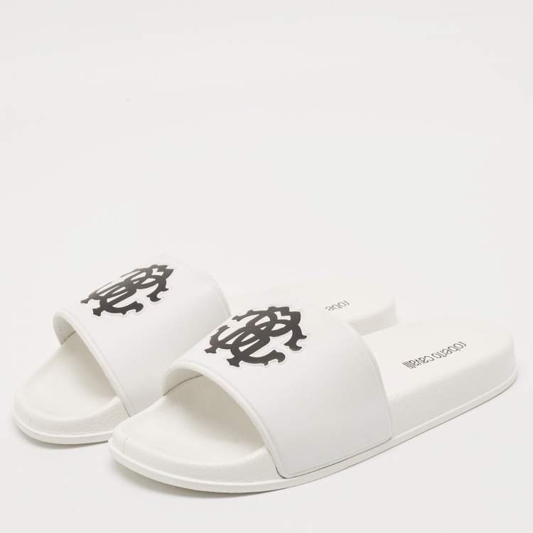 Pre Owned Roberto Cavalli White Rubber RC Logo Pool Slides Size 42