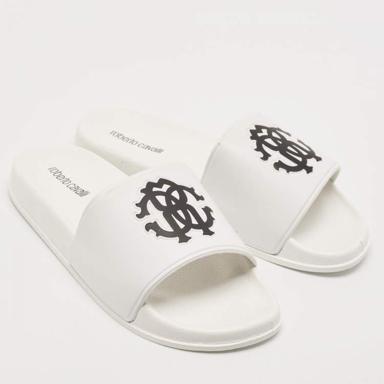 Pre Owned Roberto Cavalli White Rubber RC Logo Pool Slides Size 42