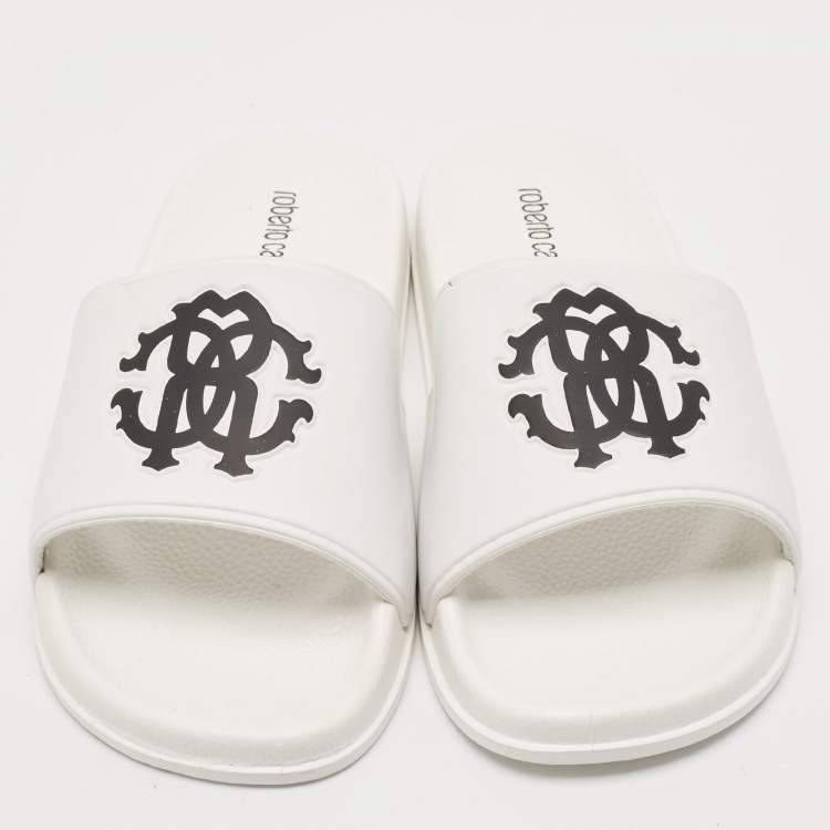 Pre Owned Roberto Cavalli White Rubber RC Logo Pool Slides Size 42