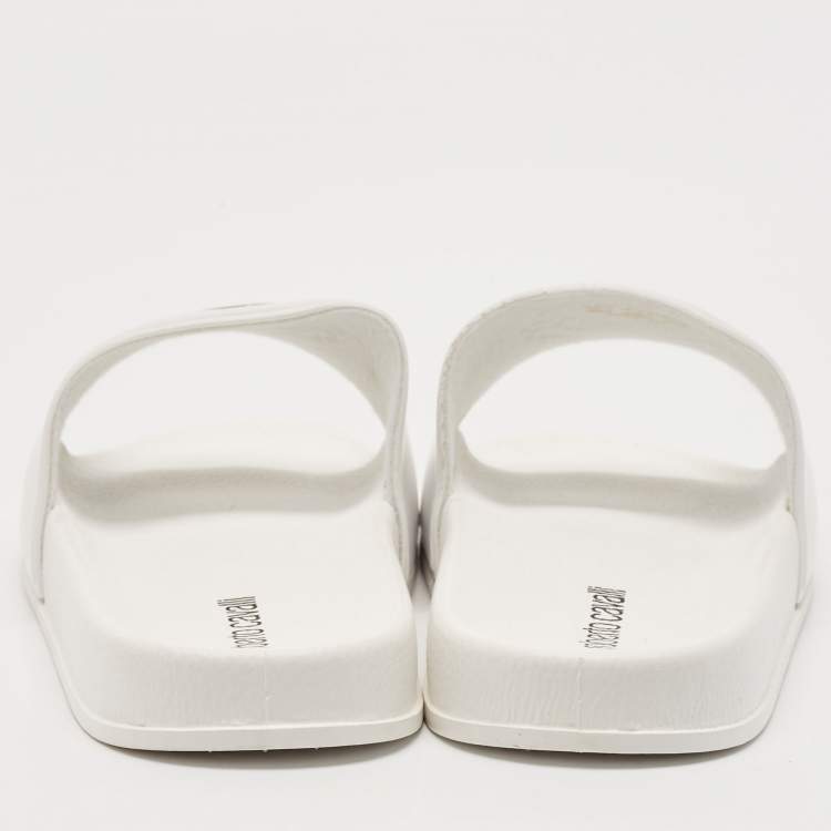 Pre Owned Roberto Cavalli White Rubber RC Logo Pool Slides Size 42
