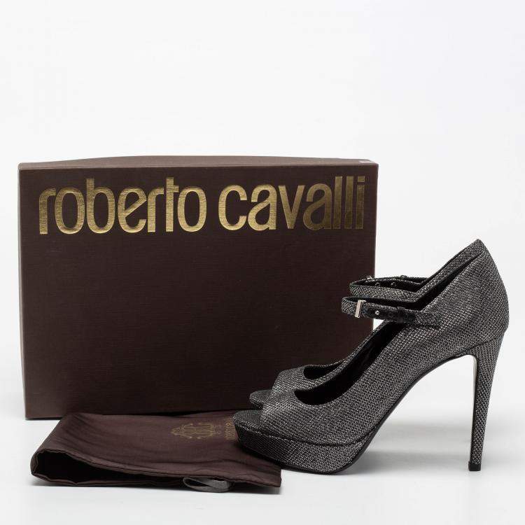 Pre Owned Roberto Cavalli Metallic Silver/Black Glitter Peep Toe Platform Pumps Size 36.5