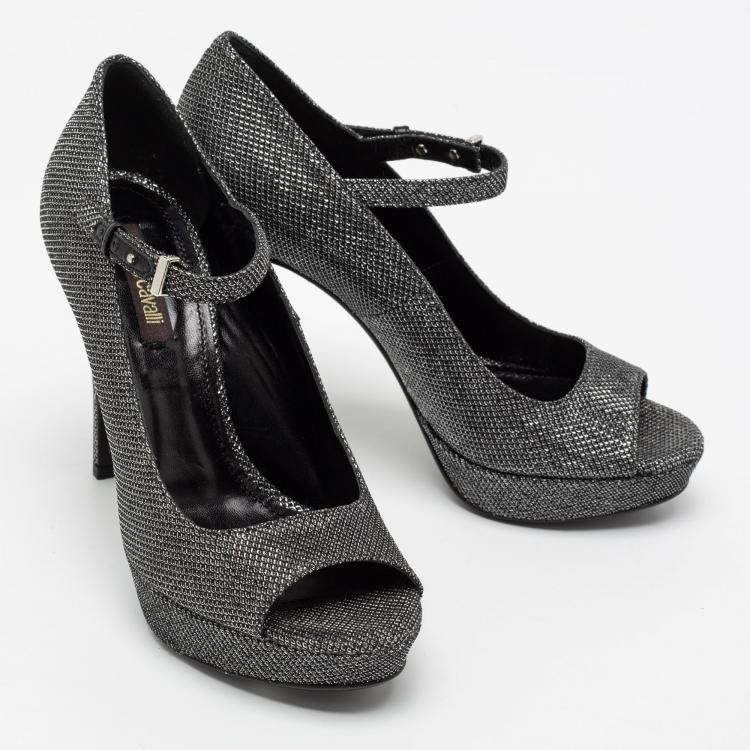Pre Owned Roberto Cavalli Metallic Silver/Black Glitter Peep Toe Platform Pumps Size 36.5