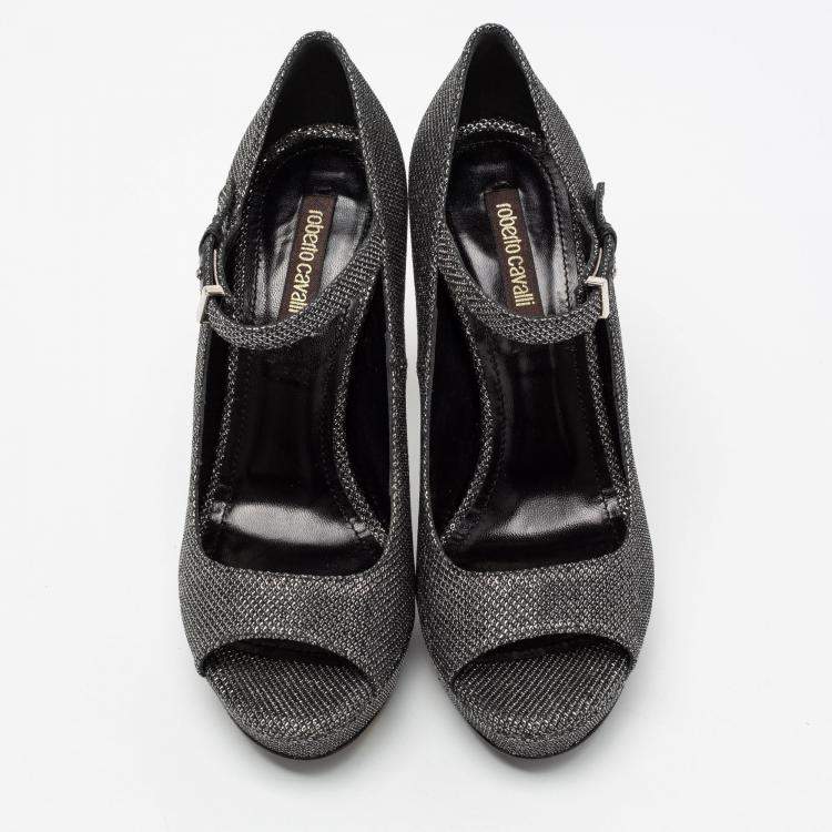 Pre Owned Roberto Cavalli Metallic Silver/Black Glitter Peep Toe Platform Pumps Size 36.5