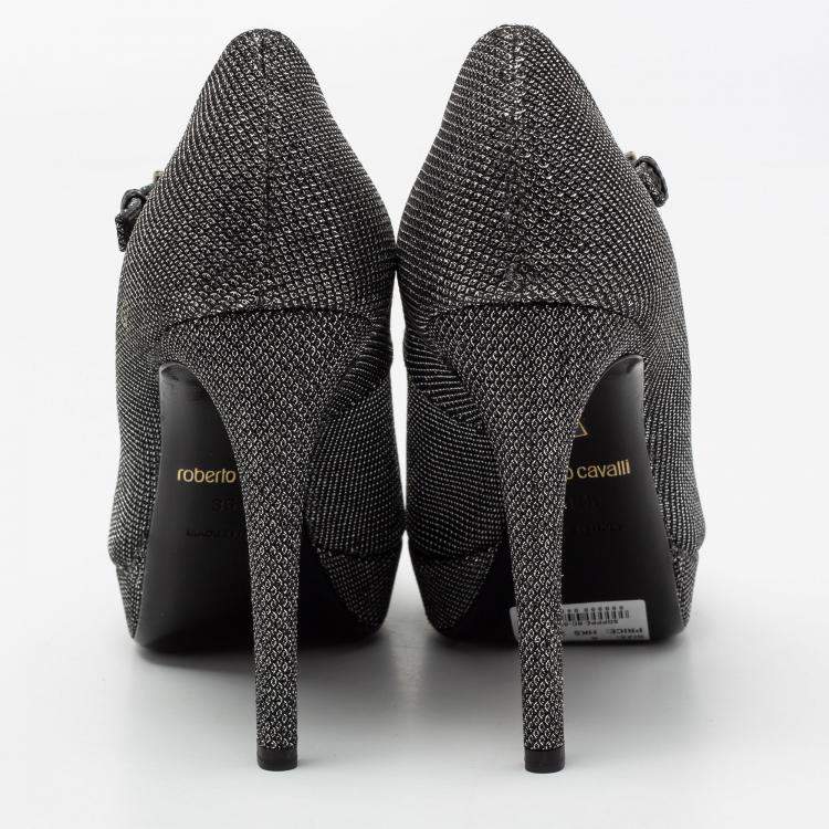 Pre Owned Roberto Cavalli Metallic Silver/Black Glitter Peep Toe Platform Pumps Size 36.5