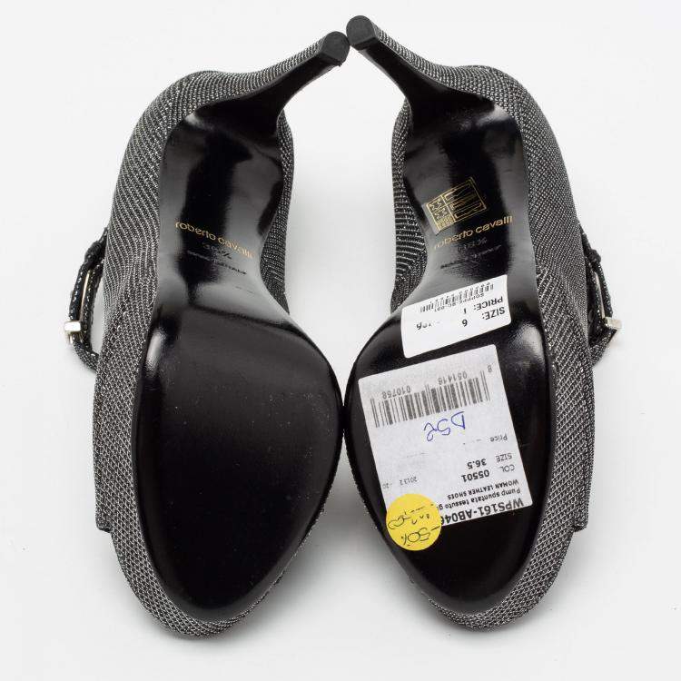Pre Owned Roberto Cavalli Metallic Silver/Black Glitter Peep Toe Platform Pumps Size 36.5
