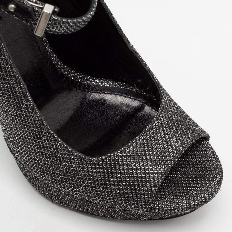 Pre Owned Roberto Cavalli Metallic Silver/Black Glitter Peep Toe Platform Pumps Size 36.5