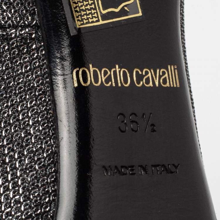 Pre Owned Roberto Cavalli Metallic Silver/Black Glitter Peep Toe Platform Pumps Size 36.5