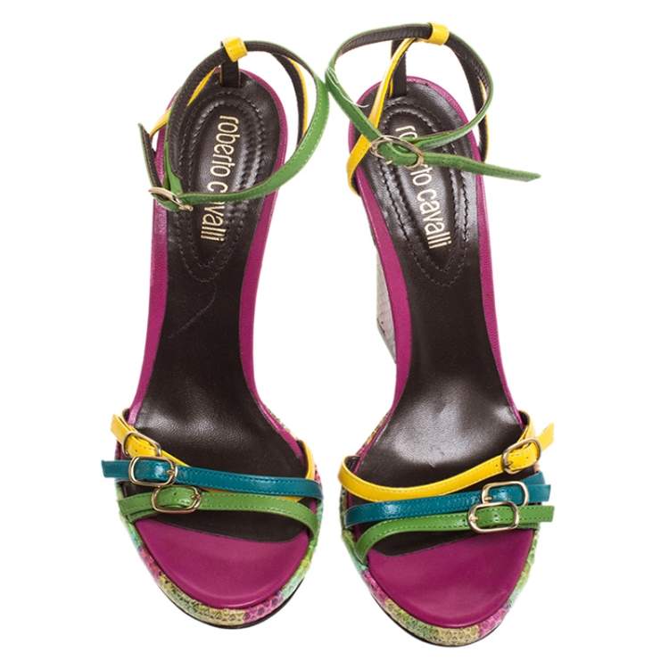 مملوكة مسبقًا Roberto Cavalli Multicolor Leather And Python Wedge Strappy Sandals Size 37