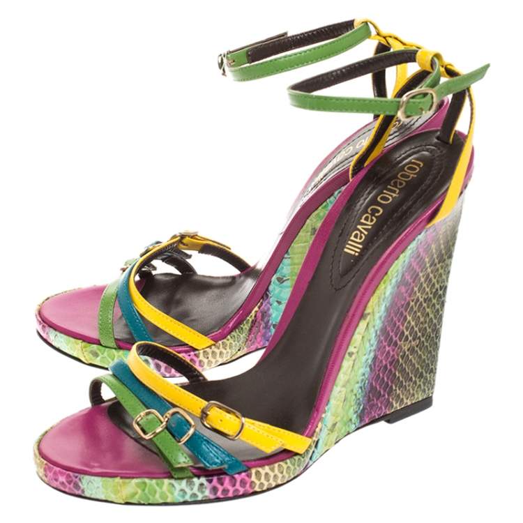 مملوكة مسبقًا Roberto Cavalli Multicolor Leather And Python Wedge Strappy Sandals Size 37