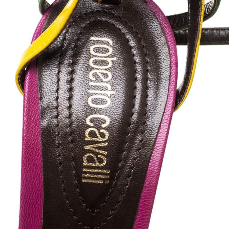 مملوكة مسبقًا Roberto Cavalli Multicolor Leather And Python Wedge Strappy Sandals Size 37