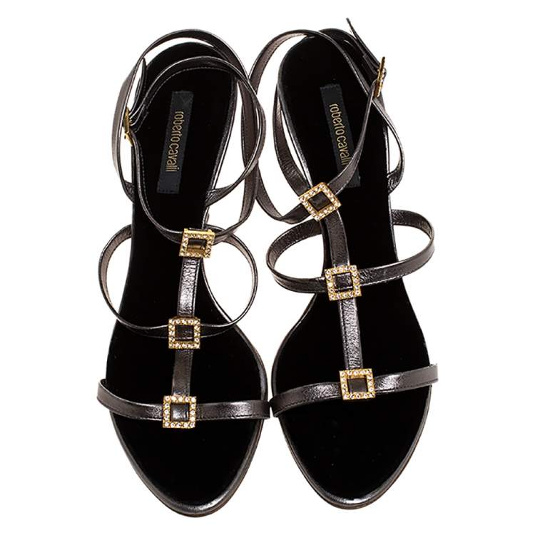 Pre Owned Roberto Cavalli Metallic Grey Leather Crystal Embellished Strappy Sandals Size 41