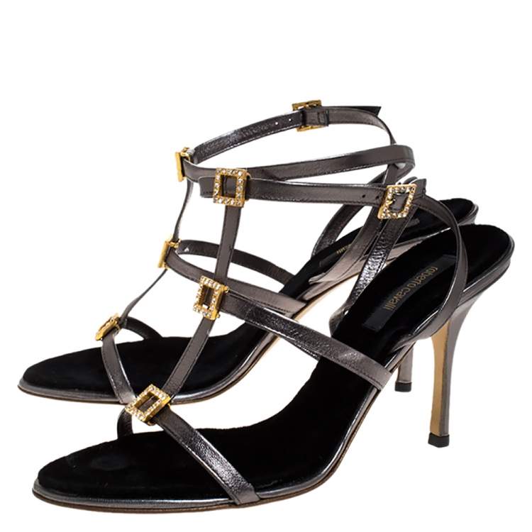 Pre Owned Roberto Cavalli Metallic Grey Leather Crystal Embellished Strappy Sandals Size 41