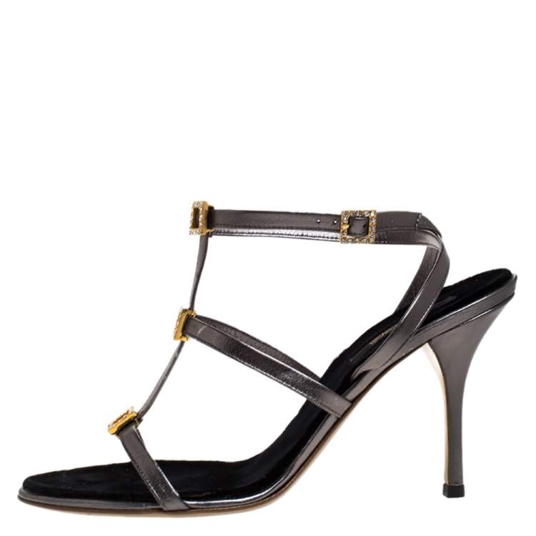 Pre Owned Roberto Cavalli Metallic Grey Leather Crystal Embellished Strappy Sandals Size 41