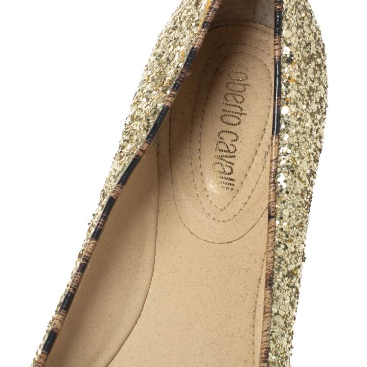 Pre Owned Roberto Cavalli Gold Glitter Slip On Loafers Size 41