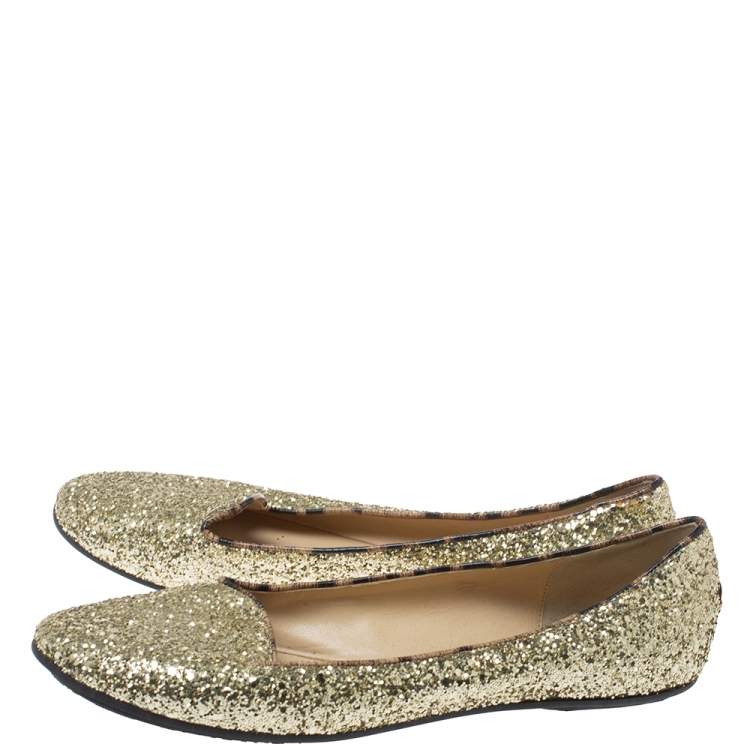Pre Owned Roberto Cavalli Gold Glitter Slip On Loafers Size 41