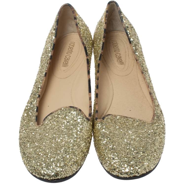 Pre Owned Roberto Cavalli Gold Glitter Slip On Loafers Size 41