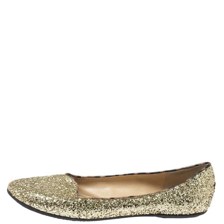 Pre Owned Roberto Cavalli Gold Glitter Slip On Loafers Size 41