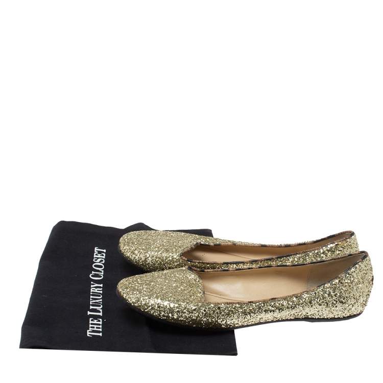 Pre Owned Roberto Cavalli Gold Glitter Slip On Loafers Size 41