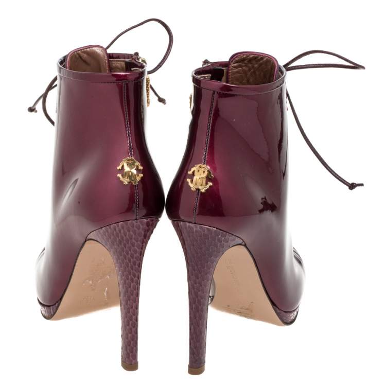 Pre Owned Roberto Cavalli Maroon Patent Leather and Python Embossed Leather Lace Up Ankle Boots Size 37