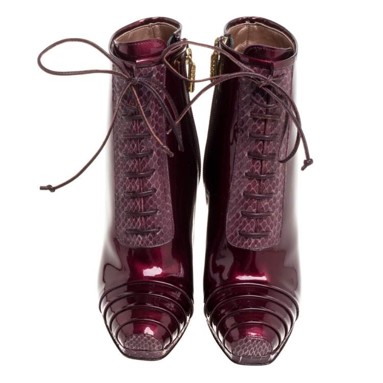 Pre Owned Roberto Cavalli Maroon Patent Leather and Python Embossed Leather Lace Up Ankle Boots Size 37