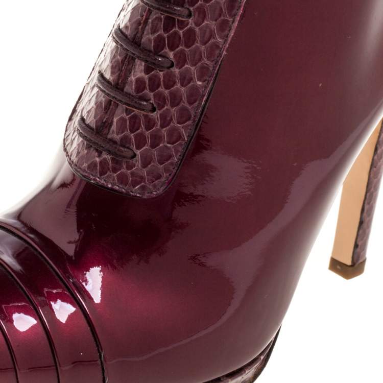 Pre Owned Roberto Cavalli Maroon Patent Leather and Python Embossed Leather Lace Up Ankle Boots Size 37
