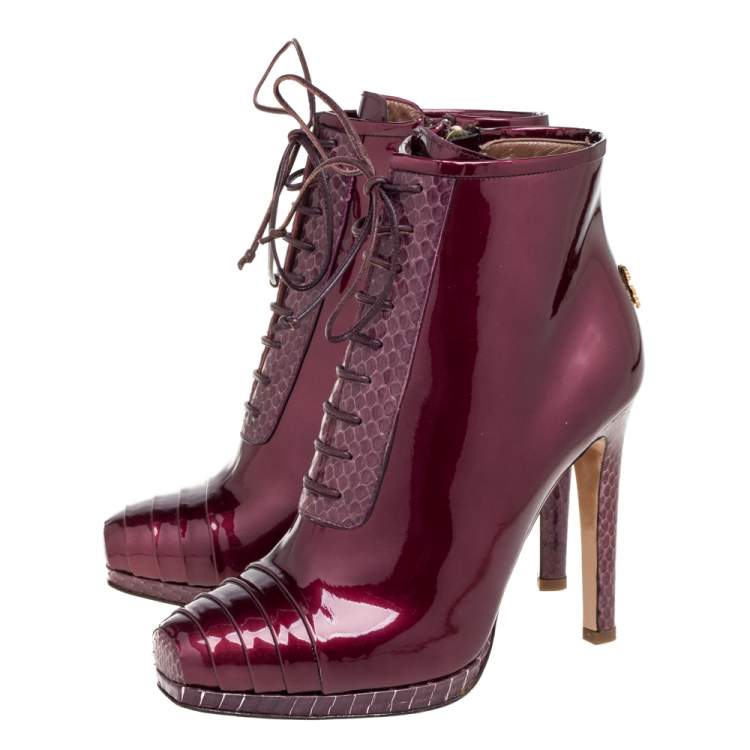 Pre Owned Roberto Cavalli Maroon Patent Leather and Python Embossed Leather Lace Up Ankle Boots Size 37