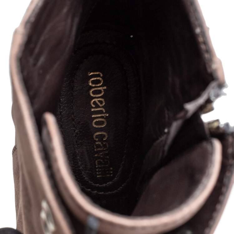مملوكة مسبقًا Roberto Cavalli Grey Nubuck Round-Toe Lace-Up Boots Size 39