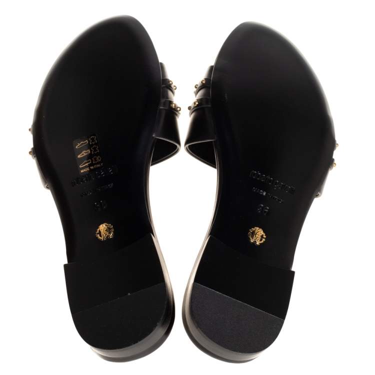 Pre Owned Roberto Cavalli Black Leather Logo And Stud Embellished Flat Sandals Size 36