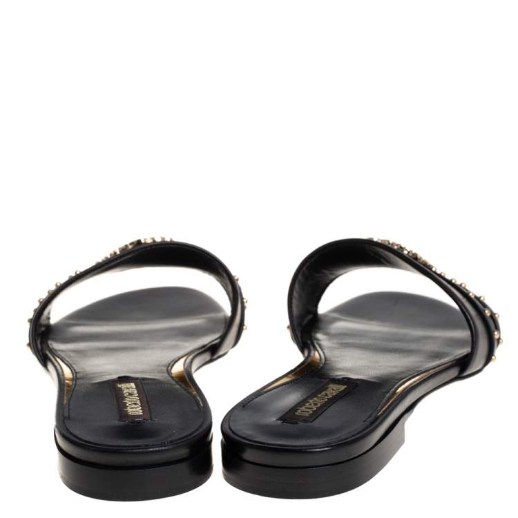 Pre Owned Roberto Cavalli Black Leather Logo And Stud Embellished Flat Sandals Size 36