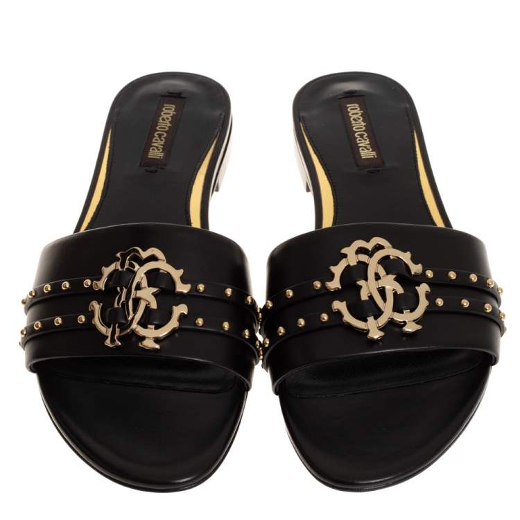 Pre Owned Roberto Cavalli Black Leather Logo And Stud Embellished Flat Sandals Size 36