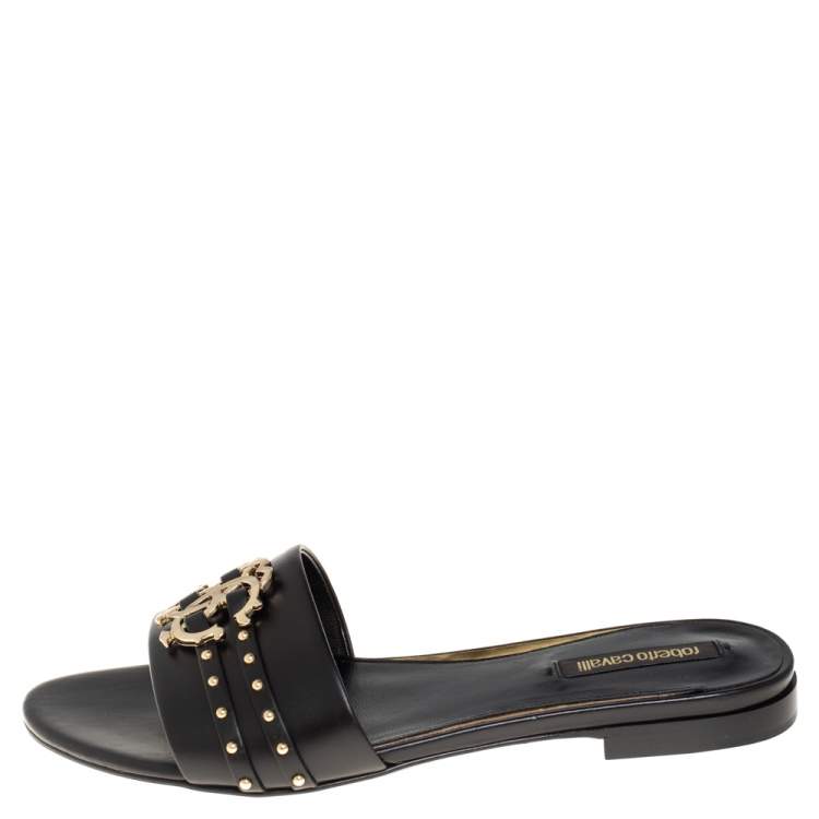Pre Owned Roberto Cavalli Black Leather Logo And Stud Embellished Flat Sandals Size 36